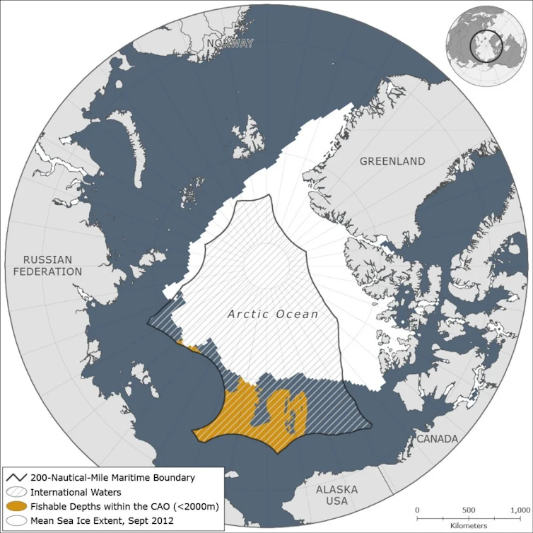 A map looking at the North pole and Arctic sea ice extent.