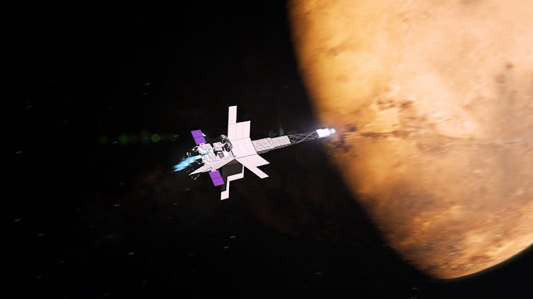 A spaceship flying near an orange planet.