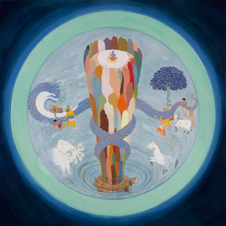 A snake figure wraps around a many-coloured lotus.