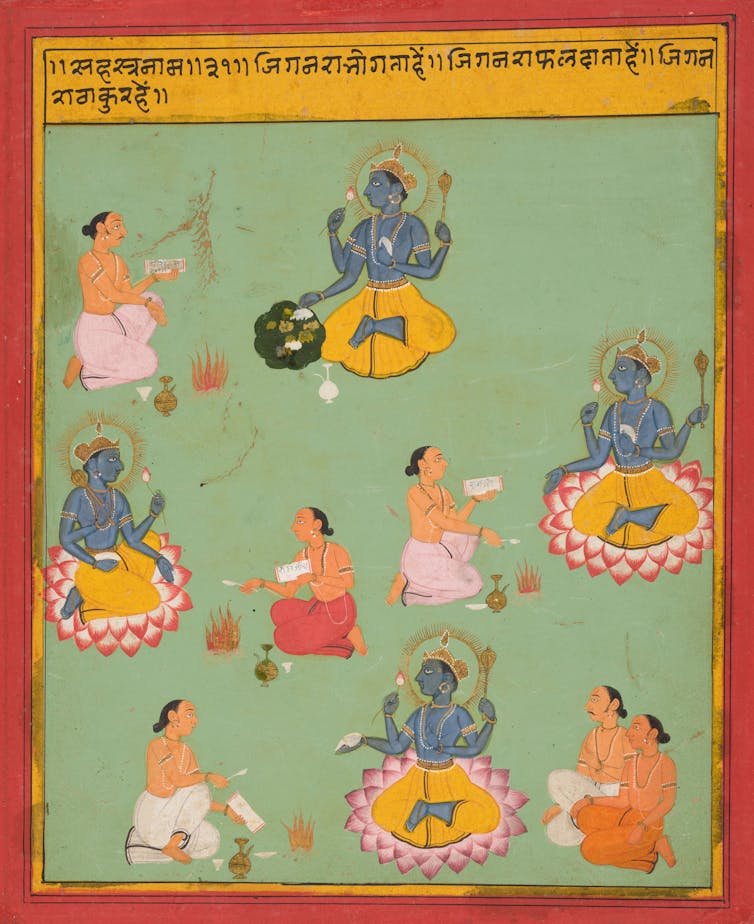 A painting of six people praying to four Vishnus.