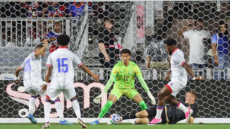 Finn Surman clears the ball against Haiti in Fort Lauderdale, Florida.