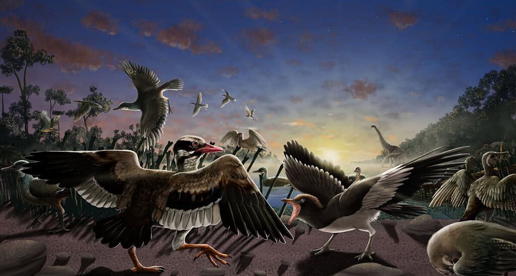 Prehistoric birds and pterosaurs flying over a landscape at sunset.