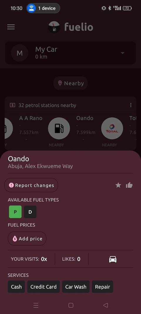 NNPC gas station information on Fuelio app