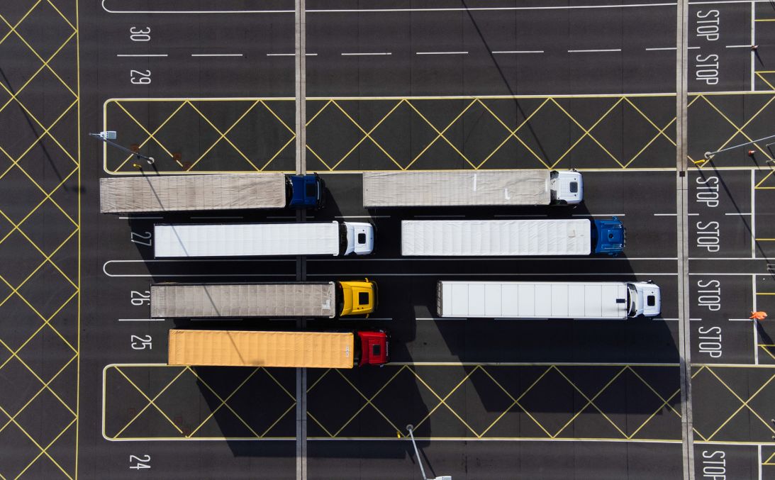 A line of trucks check in at the Sevington Inland Border Facility near Ashford, UK, on April 30, 2024. The site was set up to handle goods going in and out of the country after Brexit.