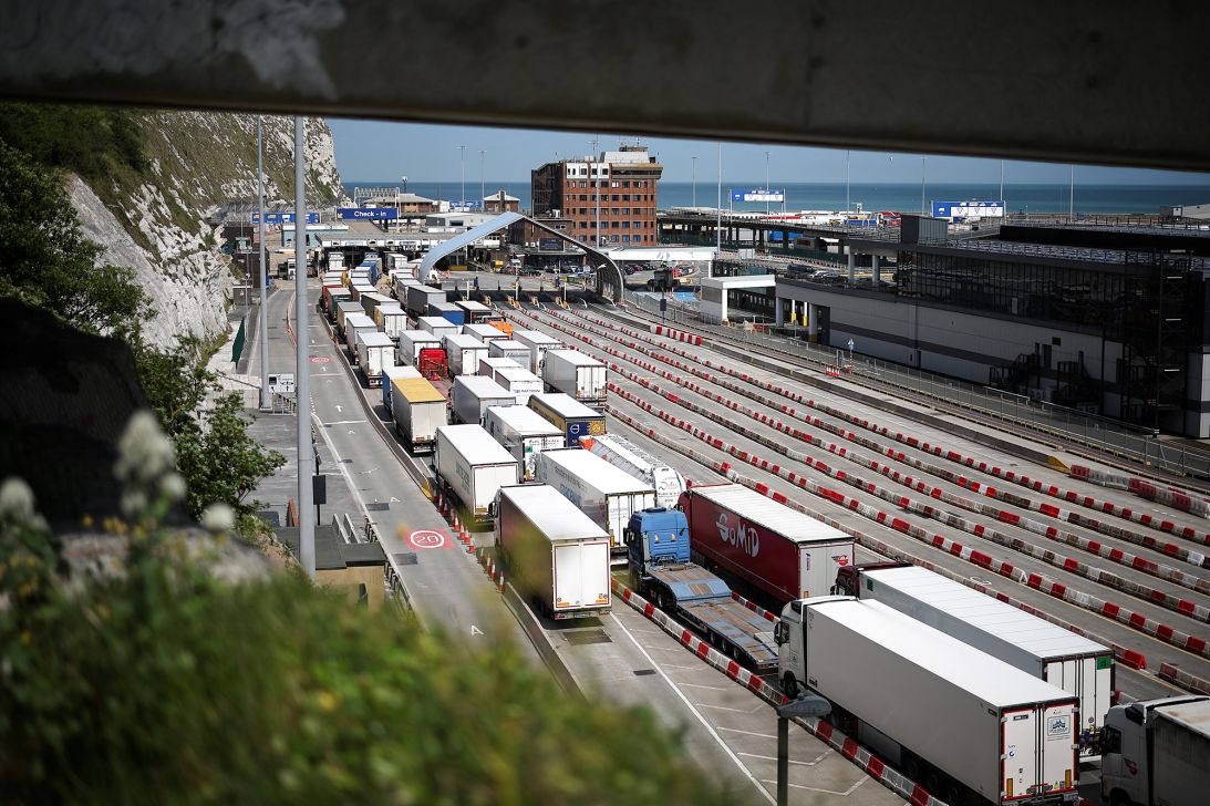 Trucks arrive at the Port of Dover ferry terminal on the southeast coast of England on June 2, 2025.
