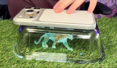 Screenshot of TikTok video showing DIY hologram projector using your phone and a rectangular glass dish.