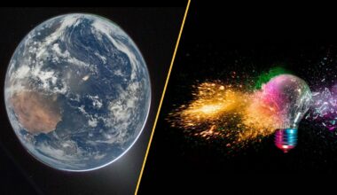 The "Blue Marble" photo of the Earth against a black background, and a light bulb exploding.