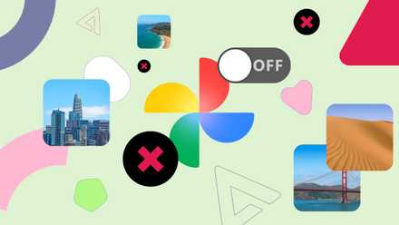Google Photos logo surrounded by floating photos and an 'OFF' toggle switch