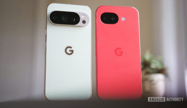 Google Pixel 10 Pro and Pixel 10a standing next to each other.