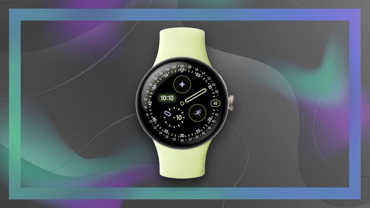 Google Pixel Watch 4 with a lemongrass yellow band on a gray backgroun