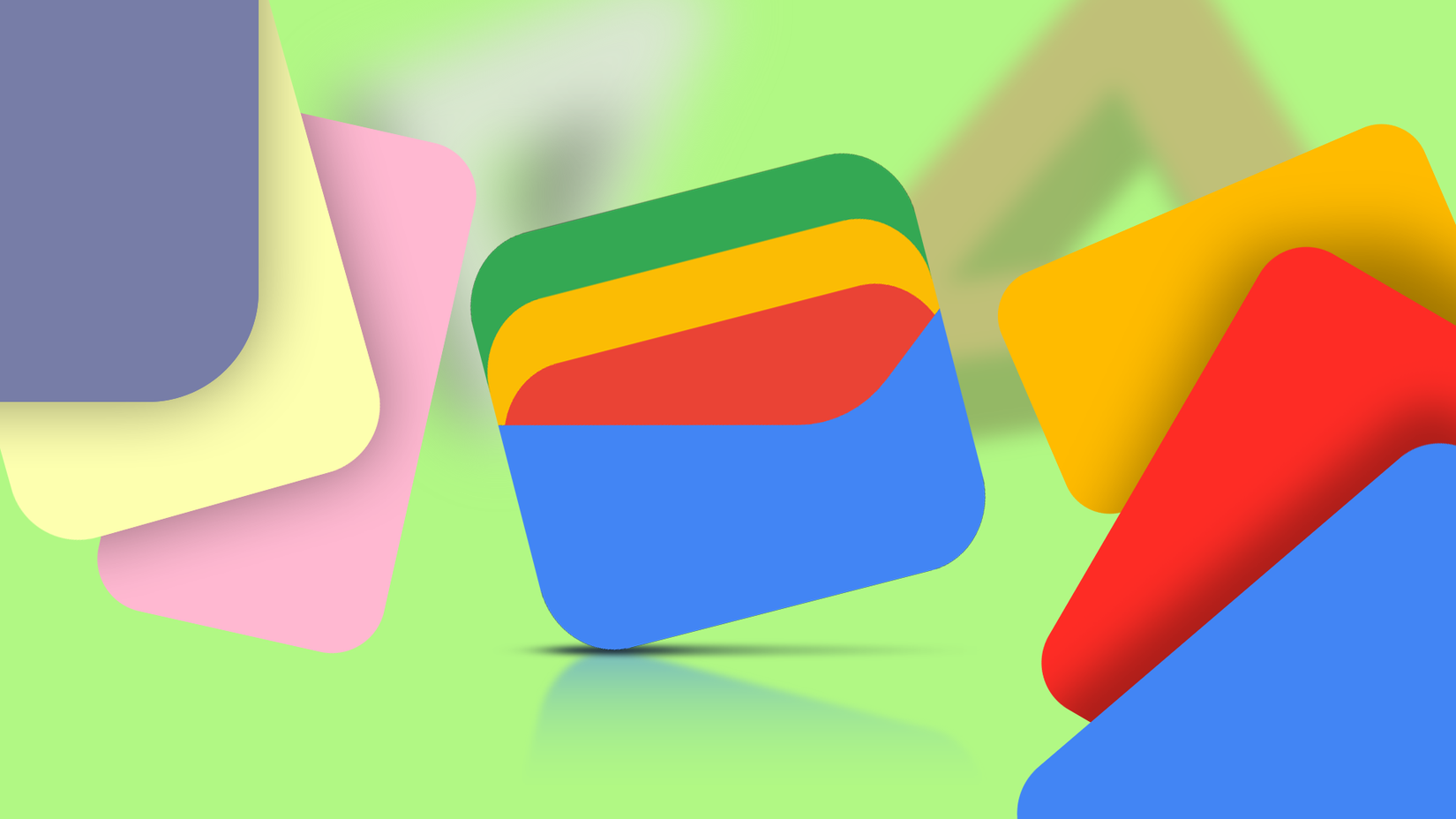 Google Wallet logo surrounded by colorful floating digital cards