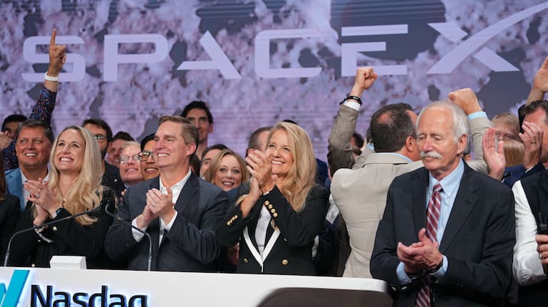 Gwynne Shotwell, President and COO of SpaceX celebrates with colleagues during a bell ringing ceremony for the IPO of SpaceX at the Nasdaq MarketSite in New York, Friday, June 12, 2026, in New York.
