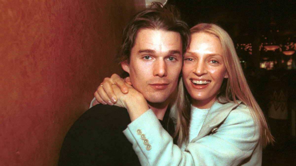 Ethan Hawke and Uma Thurman hugging at the Sundance Film Festival