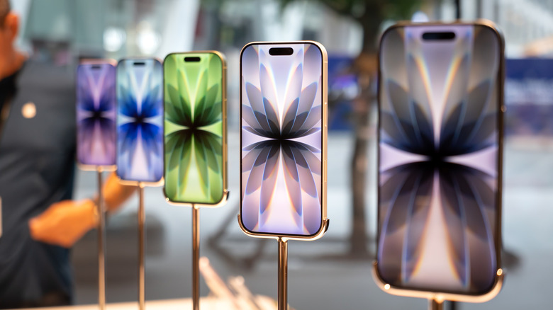 Line up of iPhone 17 models in an Apple retail store