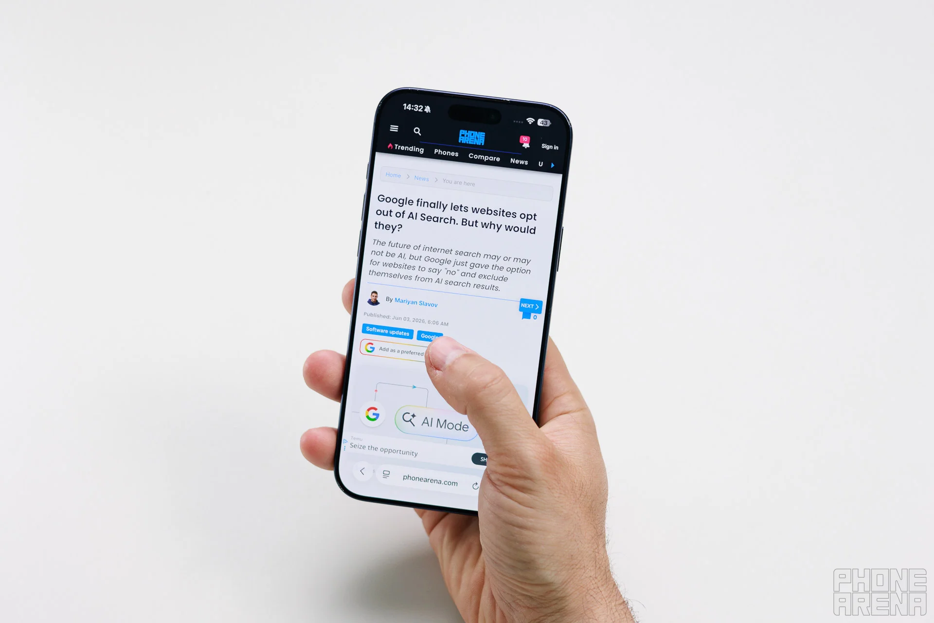 One-handed thumb screen reach on the iPhone 17 Pro Max. | Image by PhoneArena - iPhone 17 Pro Max Size Guide: Can your pockets handle the massive 6.9-Inch display?