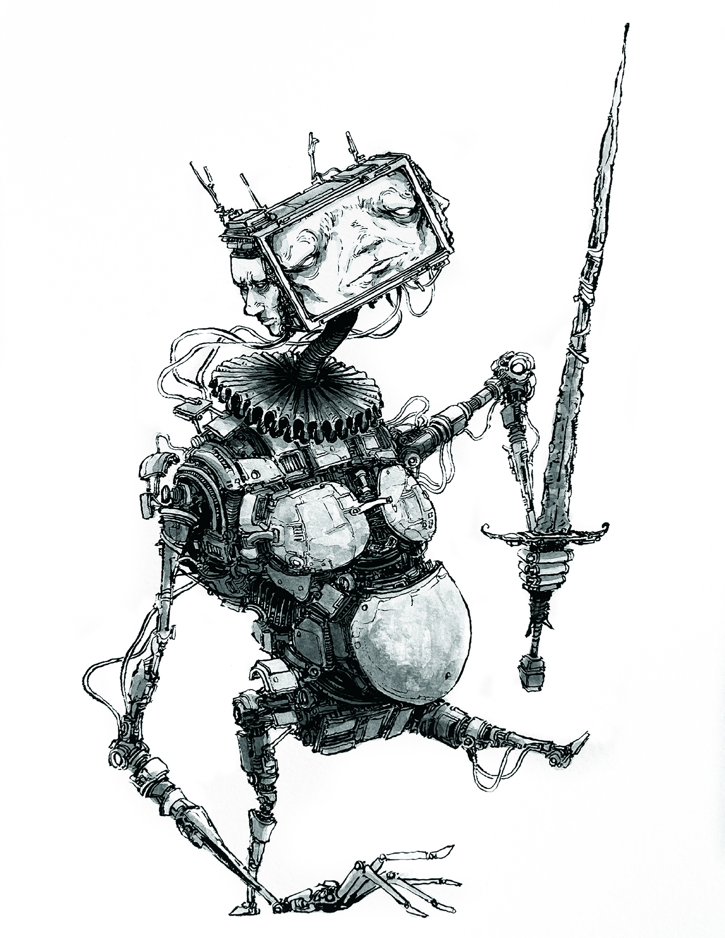 Black-and-white ink drawing of a robot character design