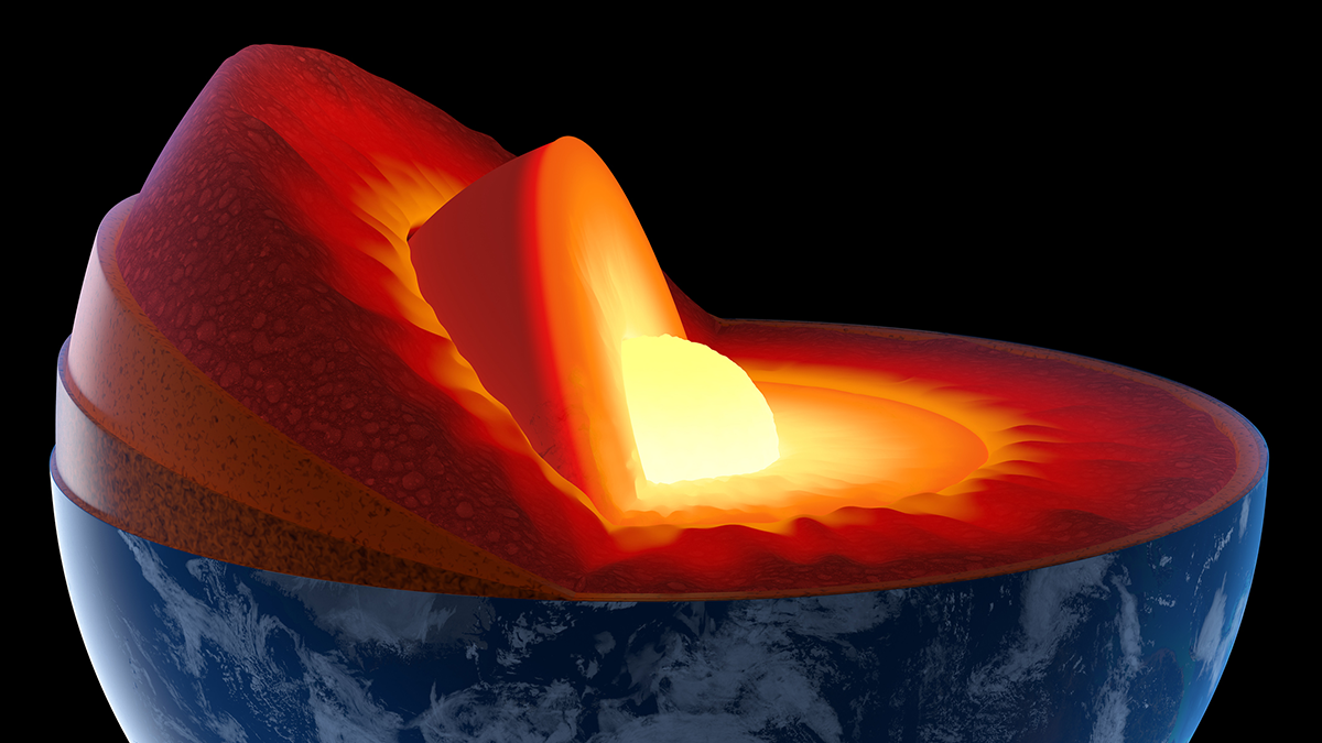 An illustration shows a 3D cutaway cross section of Earth’s major interior layers.