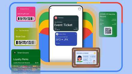 Illustration of a phone with Google Wallet open, surrounded by tickets and documents that can be added in Google Wallet
