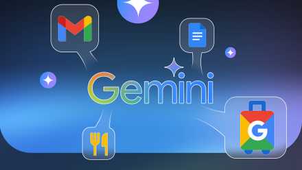 Illustration showing the Gemini logo at the center, surrounded by Gmail, Docs, restaurant, and Google travel icons.