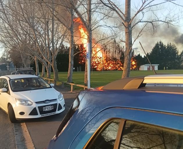 Flames leap into the sky as fire ripped through a band of trees near Waitaki Boys' School this...