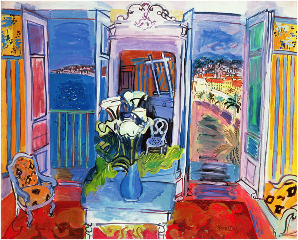 
Raoul Dufy, Interior with Open Windows (1928), oil on canvas, 82 x 66 cm (32.2 x 25.9 inches). 

