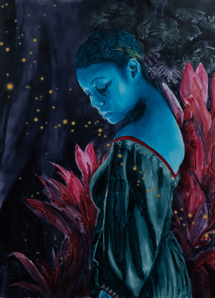 Richard Nattoo, Whispers of the Ancestors II, 2023, Watercolor, Pen & Ink using water from the Rio Grande River, Jamaica and Adom Waterfall, Ghana, on Canvas, 55 x 40 inches 