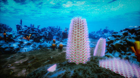 Reconstruction of the Early Cambrian seafloor, depicting colonies of Protomelission gatehousei and Dayingomelission hexaclitia living among archaeocyath reefs in shallow seas approximately 520 million years ago. Image credit: Zhifei Zhang.