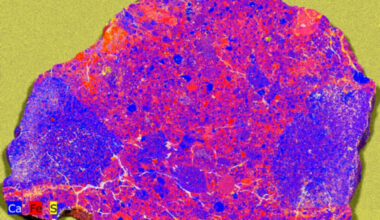 XRF map of 7.53 g slice of NWA 12593: calcium (Ca) and iron (Fe) illustrate the location and diversity of clasts; sulfur (S) highlights the location of cracks and terrestrial weathering. Image credit: Crow et al., doi: 10.1130/G54386.1.