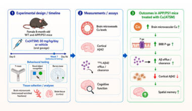 Using the APP/PS1 mouse model of familial Alzheimer’s disease, Pyun et al. investigated the effect of Cu(ATSM) on brain microvascular abundance and function of P-glycoprotein and the associated effects on exogenous amyloid-beta clearance, brain amyloid burden, and cognitive function. Image credit: Pyun et al., doi: 10.1021/acschemneuro.6c00252.