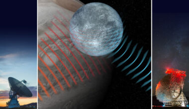 This artist’s impression shows radar waves from NASA’s Goldstone Solar System Radar pinging Europa; the radar waves penetrate Europa’s icy surface before bouncing back to be collected by NSF’s Green Bank Telescope on Earth. Image credit: NSF / AUI / NSF’s NRAO / P.Vosteen.