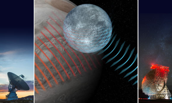 This artist’s impression shows radar waves from NASA’s Goldstone Solar System Radar pinging Europa; the radar waves penetrate Europa’s icy surface before bouncing back to be collected by NSF’s Green Bank Telescope on Earth. Image credit: NSF / AUI / NSF’s NRAO / P.Vosteen.