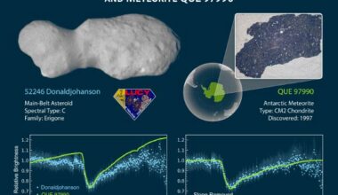 The asteroid Donaldjohanson is composed of two heavily cratered lobes, connected by a smoother neck, with overall dimensions 8.8 km by 4.4 km by 3.1 km. Image credit: NASA / Goddard / SwRI / Dan Gallagher.