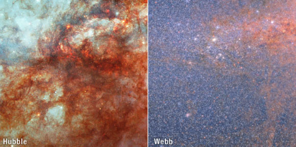 Side-by-side comparison of a portion of Messier 82 as seen by Hubble (left) and Webb (right) space telescopes. Image credit: NASA / ESA / CSA / Adam Smercina, STScI, Tufts / Thomas Williams, University of Manchester / Alyssa Pagan, STScI.