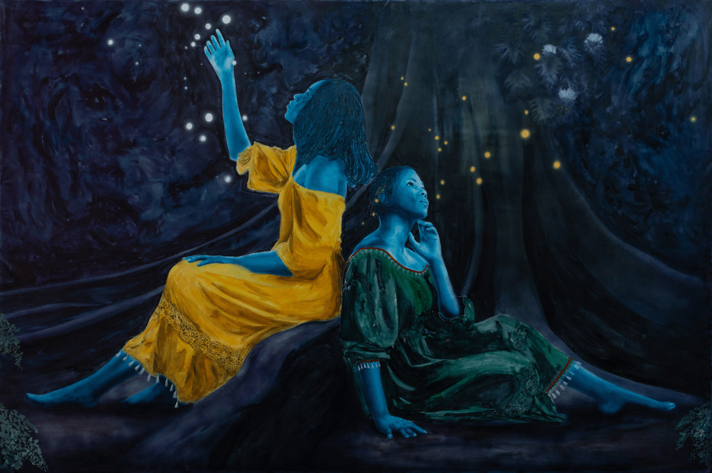 Richard Nattoo, Song of the Ancestors, 2023, Watercolor, Pen & Ink, using water from the Rio Grande River, Jamaica and Adom Waterfall, Ghana, on Canvas, 79 x 118 inches 