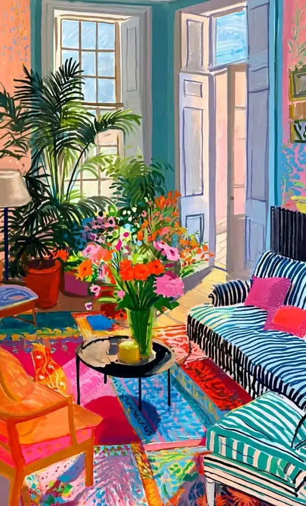 David Hockney, "Large Interior, Los Angeles", 1988, Oil and Ink on cut and pasted Paper on Canvas, 183.5 × 305.4 cm., The Metropolitan Museum of Art in New York City.