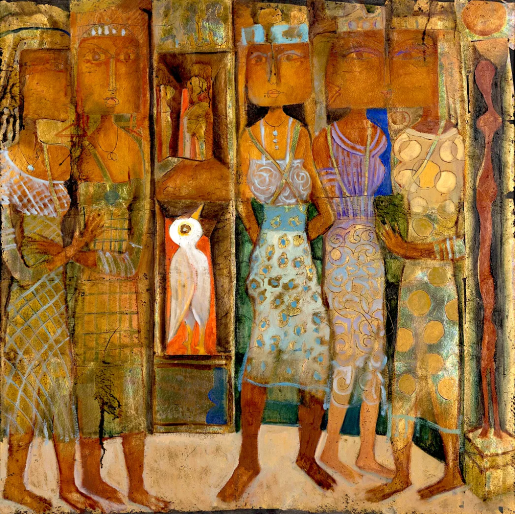 Omar El-Nagdi (Egypt, 1931-2019), "Group of Girls," acrylic and gold leaf on canvas, 2008