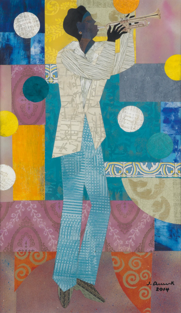 James Denmark (b.1936), "Spotlight," collage on board, 2014; The Johnson Collection.