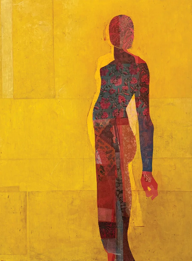 Jite Agbro, Hamaratia, 2024, paper, fabric, and beeswax on wood, 48" x 36"