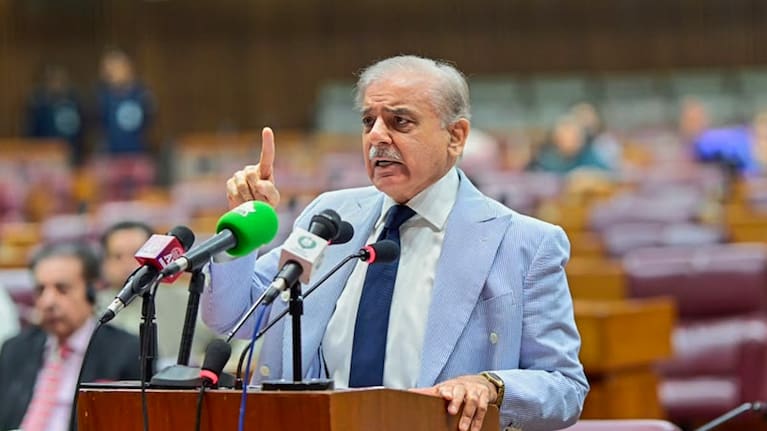 In this photo released by the Pakistan Prime Minister Office, Prime Minister Shehbaz Sharif speaks on the US's conflict with Iran.
