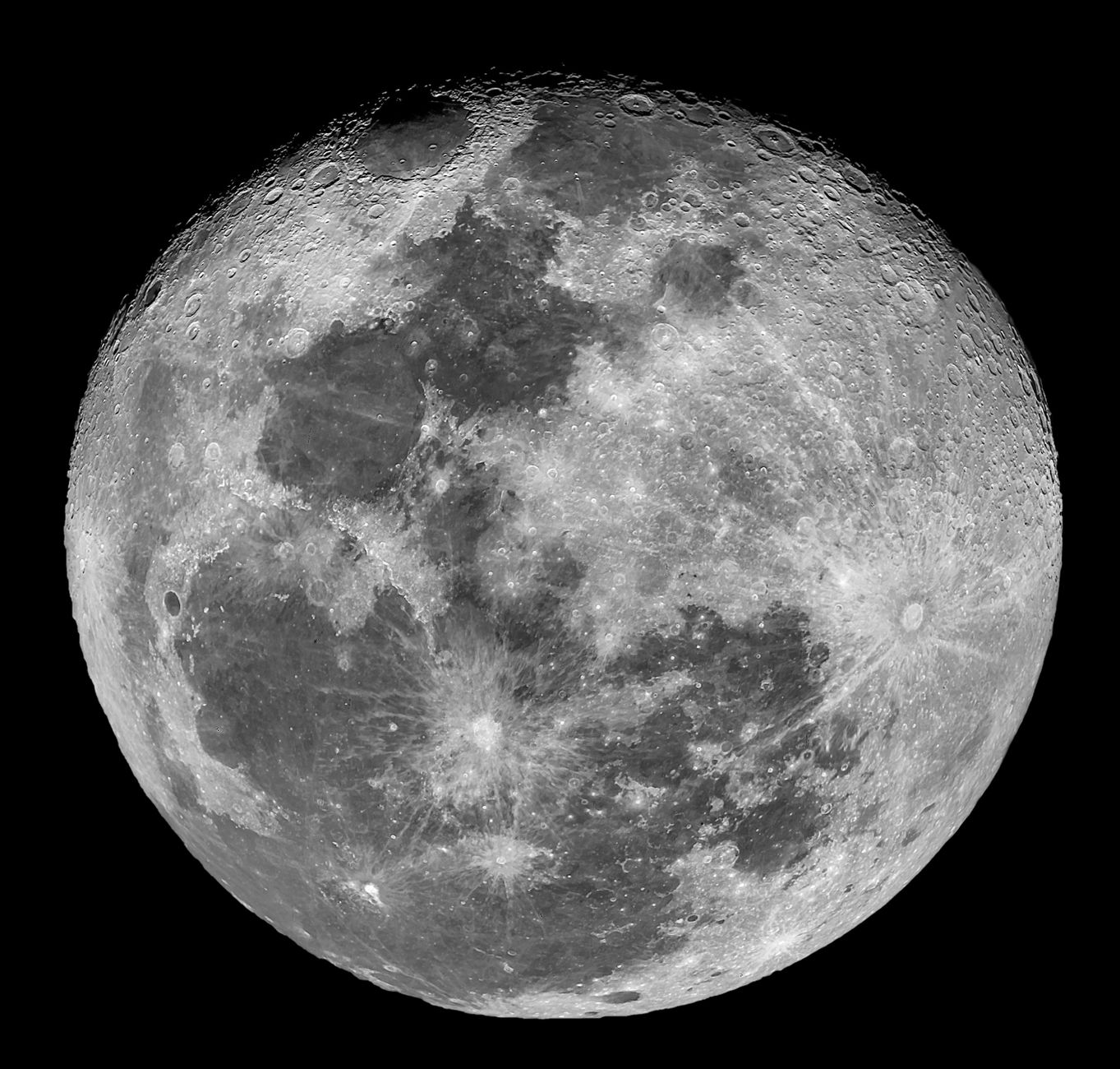 High-resolution close-up of the full moon's surface in monochrome.