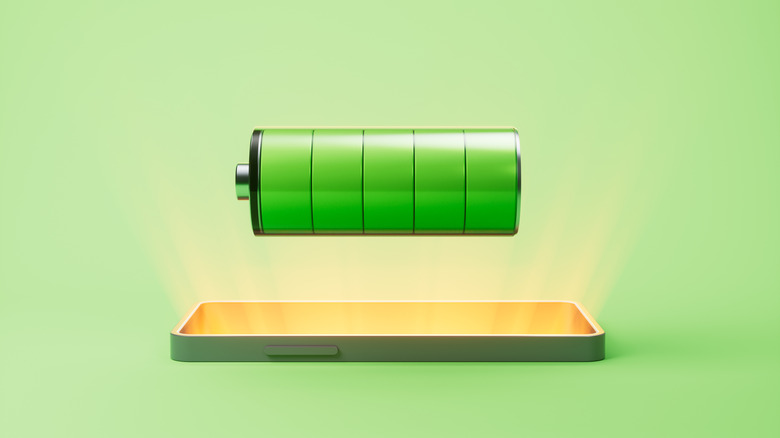 3D render of a green battery bar showing healthy battery over a smartphone