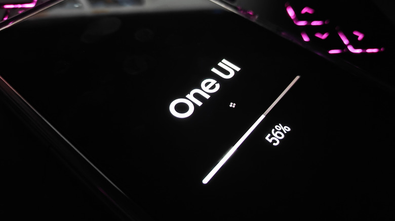 close-up of One UI logo with loading bar beneath it that reads 56%