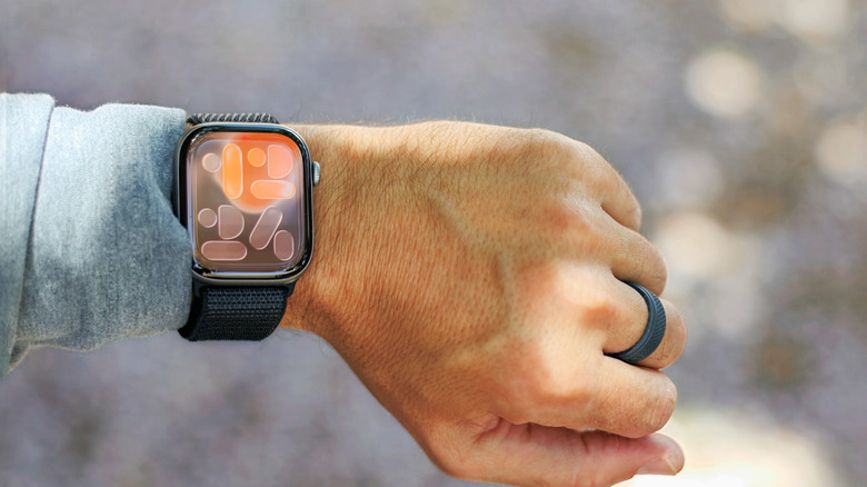 Closeup of a person's wrist wearing an Apple Watch