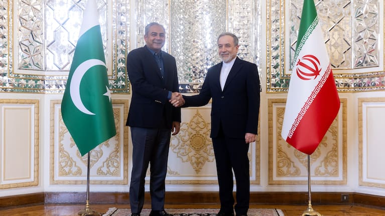 Iranian Foreign Minister Abbas Araghchi and Pakistani Interior Minister Mohsin Naqvi shake hands during a meeting.