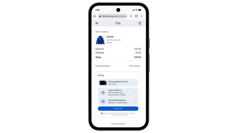 A screenshot of Google Pay direct checkout being used in an online store.