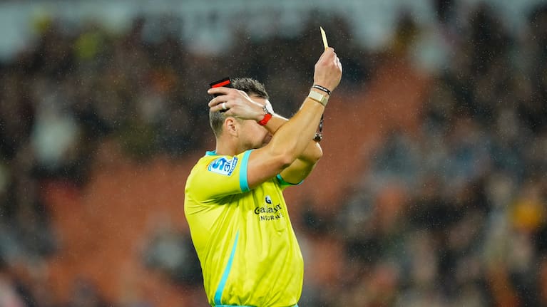 James Doleman issues a yellow card during the Chiefs v Reds Super Rugby Pacific Qualifying Final match at FMG Stadium Waikato