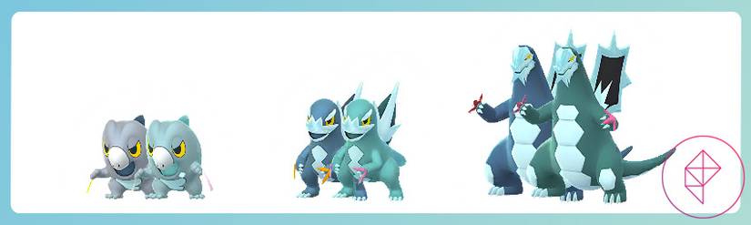 A shiny comparison of the Frigibax family to its regular forms in Pokémon Go. Each shiny turns a brighter blue-green color, with pink accents.