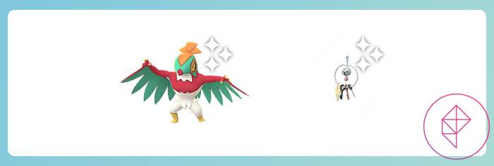 Hawlucha and Klefki with shiny sparkles by them in Pokémon Go.