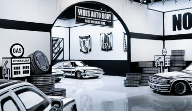 five hand-painted cars fill joshua vides' monochromatic garage at the petersen