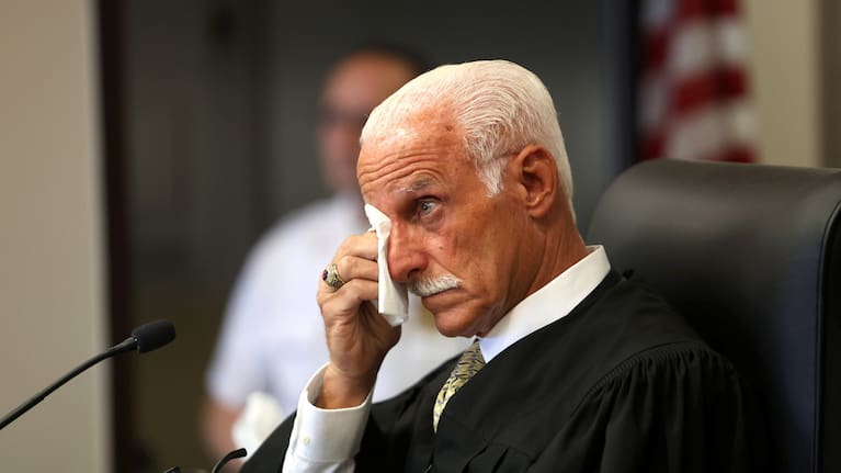 Judge Tim Mazzei becomes emotional as Jasmine Robinson, cousin of Jessica Taylor, speaks during a victim impact statement during sentencing of Gilgo serial killer Rex Heuermann at Suffolk County Court.